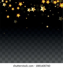 Vector Illustration with Gold Stars on Black Transparent Background. Magic Night. Cosmic Pattern. Stars Confetti. Flying Stardust.  Cosmic Shiny Child Design. Luxury Golden Starry Design. Premium.