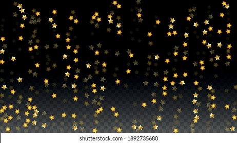 Vector Illustration with Gold Stars on Black Transparent Background. Magic Night. Cosmic Pattern. Stars Confetti. Flying Stardust.  Cosmic Shiny Child Design. Luxury Golden Starry Design. Premium.