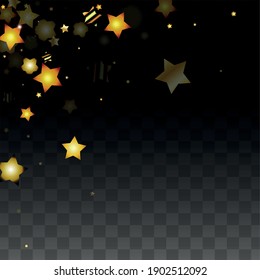 Vector Illustration with Gold Stars on Black Transparent Background. Magic Night. Cosmic Pattern. Stars Confetti. Flying Stardust.  Cosmic Shiny Child Design. Luxury Golden Starry Design. Premium.