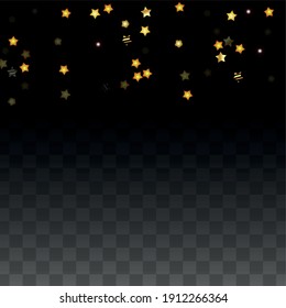 Vector Illustration with Gold Stars on Black Transparent Background. Magic Night. Cosmic Pattern. Stars Confetti. Flying Stardust.  Cosmic Shiny Child Design. Luxury Golden Starry Design. Premium.