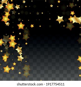 Vector Illustration with Gold Stars on Black Transparent Background. Magic Night. Cosmic Pattern. Stars Confetti. Flying Stardust.  Cosmic Shiny Child Design. Luxury Golden Starry Design. Premium.
