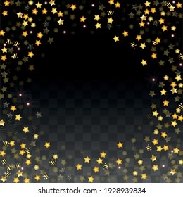 Vector Illustration with Gold Stars on Black Transparent Background. Magic Night. Cosmic Pattern. Stars Confetti. Flying Stardust.  Cosmic Shiny Child Design. Luxury Golden Starry Design. Premium.