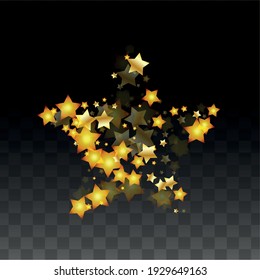 Vector Illustration with Gold Stars on Black Transparent Background. Magic Night. Cosmic Pattern. Stars Confetti. Flying Stardust.  Cosmic Shiny Child Design. Luxury Golden Starry Design. Premium.