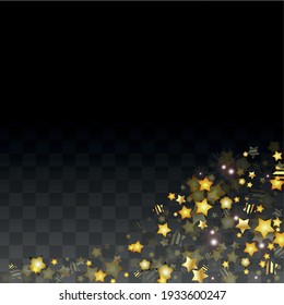 Vector Illustration with Gold Stars on Black Transparent Background. Magic Night. Cosmic Pattern. Stars Confetti. Flying Stardust.  Cosmic Shiny Child Design. Luxury Golden Starry Design. Premium.