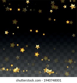 Vector Illustration with Gold Stars on Black Transparent Background. Magic Night. Cosmic Pattern. Stars Confetti. Flying Stardust.  Cosmic Shiny Child Design. Luxury Golden Starry Design. Premium.