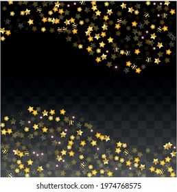 Vector Illustration with Gold Stars on Black Transparent Background. Magic Night. Cosmic Pattern. Stars Confetti. Flying Stardust.  Cosmic Shiny Child Design. Luxury Golden Starry Design. Premium.