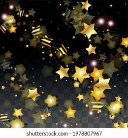 Vector Illustration with Gold Stars on Black Transparent Background. Magic Night. Cosmic Pattern. Stars Confetti. Flying Stardust.  Cosmic Shiny Child Design. Luxury Golden Starry Design. Premium.