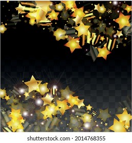 Vector Illustration with Gold Stars on Black Transparent Background. Magic Night. Cosmic Pattern. Stars Confetti. Flying Stardust.  Cosmic Shiny Child Design. Luxury Golden Starry Design. Premium.