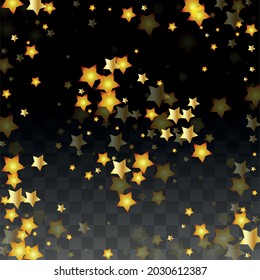 Vector Illustration with Gold Stars on Black Transparent Background. Magic Night. Cosmic Pattern. Stars Confetti. Flying Stardust.  Cosmic Shiny Child Design. Luxury Golden Starry Design. Premium.