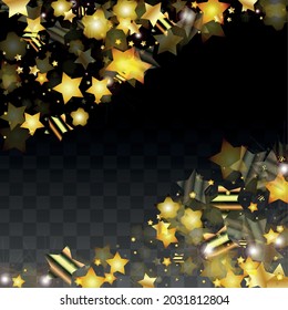 Vector Illustration with Gold Stars on Black Transparent Background. Magic Night. Cosmic Pattern. Stars Confetti. Flying Stardust.  Cosmic Shiny Child Design. Luxury Golden Starry Design. Premium.