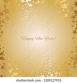 Vector illustration of Gold stars and sparkles on a gold background. Happy New Year.