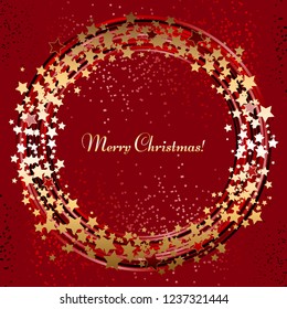 Vector illustration of Gold stars and sparkles on a red with snow background. Merry Christmas