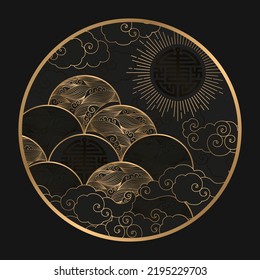 Vector illustration with gold Sun, waves, clouds and symbols isolated on black background. Asian traditional motifs design for print, card, wallpaper, poster, banner