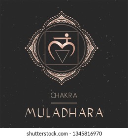 Vector illustration with gold symbol chakra Muladhara on dark background. Round mandala pattern and hand drawn lettering. 