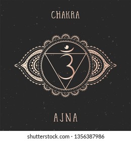 Vector illustration with gold symbol chakra Ajna on dark background. Round mandala pattern and hand drawn lettering. 