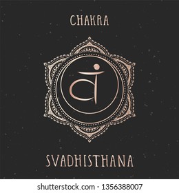 Vector illustration with gold symbol chakra Svadhishana on dark background. Round mandala pattern and hand drawn lettering. 