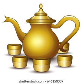 Vector illustration of Gold teapot cartoon with some cup