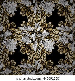 Vector illustration. Gold template. Design vintage for card, wallpaper, wrapping, textile. Floral classic texture. Royal retro background. Seamless pattern golden elements.