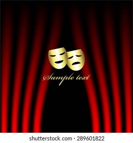 Vector illustration of Gold theatrical masks, red curtain. Theatrical scene.