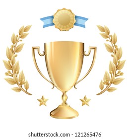 Vector Illustration of a gold trophy award with fancy laurel wreath. Representations include: Achievement, Winning, 1st Place, MVP of a sport or game tournament, quality product, or any success.Eps10.