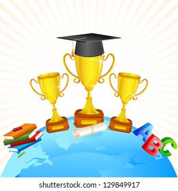 vector illustration of gold trophy and book on Earth