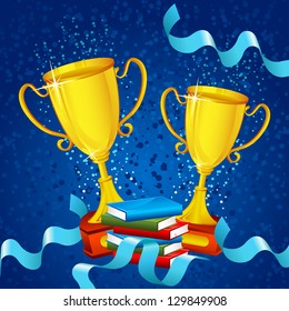 vector illustration of gold trophy with ribbon and book