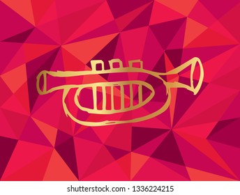 Vector Illustration of Gold Trumpet or Saxophone for Music Icon with Red Polygon and Geometric. Graphic Design for Template, Layout, Background, Poster and More.