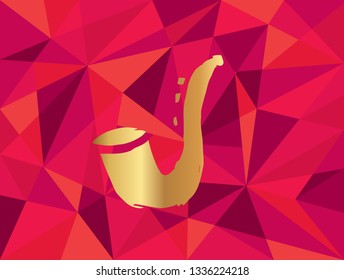 Vector Illustration of Gold Trumpet or Saxophone for Music Icon with Red Polygon and Geometric. Graphic Design for Template, Layout, Background, Poster and More.