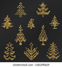 Vector Illustration of Gold Ugly sweater Pattern for Design, Website, background, Banner. Merry christmas Knitted Retro cloth with Christmas Tree Element Template