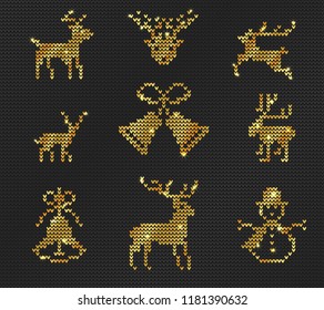 Vector Illustration of Gold Ugly sweater Pattern for Design, Website, background, Banner. Merry christmas Knitted Retro cloth with Deer Element Template