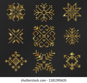 Vector Illustration of Gold Ugly sweater seamless Pattern for Design, Website, background, Banner. Merry christmas Knitted Retro cloth with Snowflake Element Template