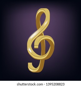 Vector illustration of gold violin key.Isolated treble cleaf on dark background.Isolated elements for card,banner,ticket,invitation,cover,website.
