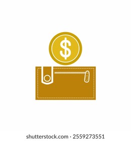 Vector illustration of a gold wallet icon with dollar coins on it, symbolizing money management, budgeting, or saving concept. Ideal for use in business and personal finance contexts.