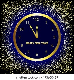 Vector illustration of Gold watch, blue light and snow on a black background. Happy New Year! Waiting for the holiday.