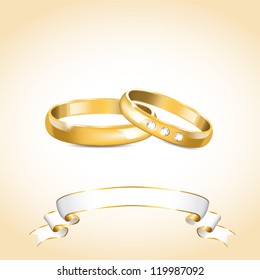 Vector illustration with gold wedding rings and white ribbon