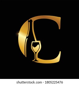 A vector illustration of gold wine and bottle initial letter design with black background 