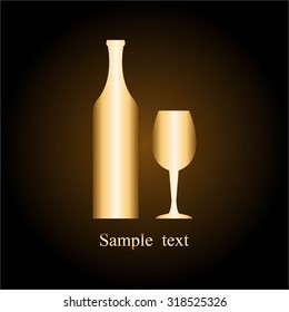 Vector illustration of Gold wine glass and bottle on a black background.