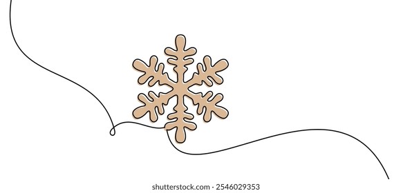 Ilustração vetorial de um floco de neve dourado suspenso em uma linha curva fluente, adicionando um encanto festivo de inverno.