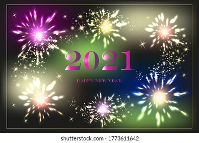 Vector illustration of golden 2021 logo numbers, stars, and firework on a  black background. 2021 Happy New Year luxury design.For invitation card, Merry Christmas, Happy new Year.