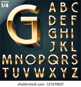 Vector Illustration Of Golden 3D Alphabet. Art Deco Style. Set 1