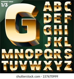 Vector Illustration Of Golden 3D Alphabet. Compact Bold Style. Set 1