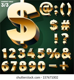 Vector Illustration Of Golden 3D Alphabet. Compact Bold Style. Set 3