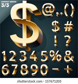 Vector Illustration Of Golden 3D Alphabet. Compact Medium Style. Set 3