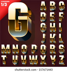 Vector Illustration Of Golden 3D Alphabet. Condensed Style. Set 1