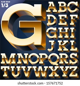 Vector illustration of golden 3D alphabet. Slab style. Set 1