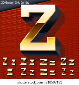 Vector illustration of golden 3D alphabet. Mixed styles. Letter z