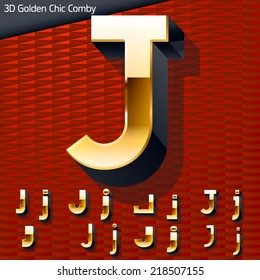 Vector illustration of golden 3D alphabet. Mixed styles. Letter j