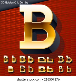 Vector illustration of golden 3D alphabet. Mixed styles. Letter b
