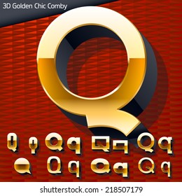 Vector illustration of golden 3D alphabet. Mixed styles. Letter q