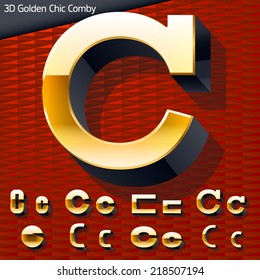 Vector illustration of golden 3D alphabet. Mixed styles. Letter c